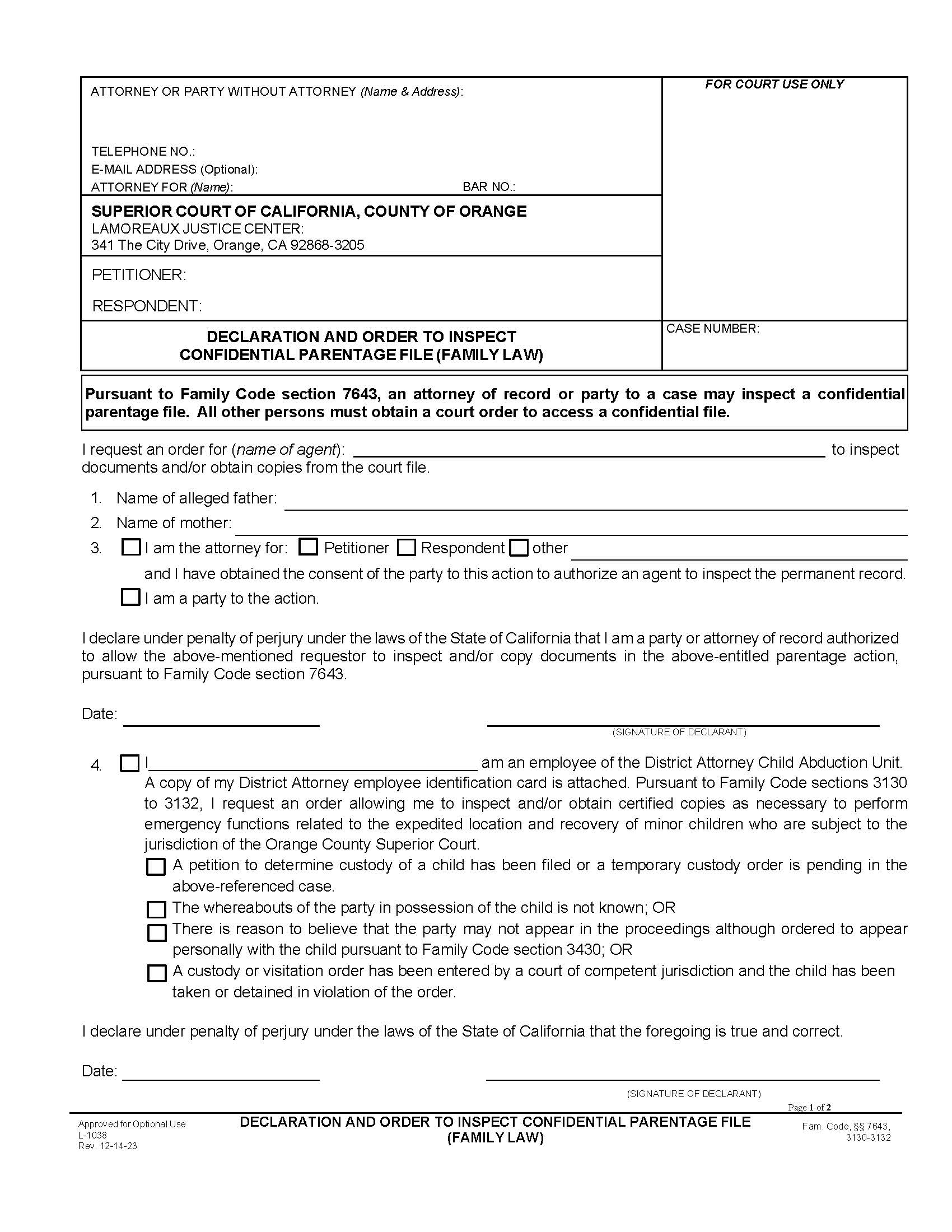 Declaration And Order For Inspection Of Confidential Parentage File {L-1038} | Pdf Fpdf Doc Docx | California