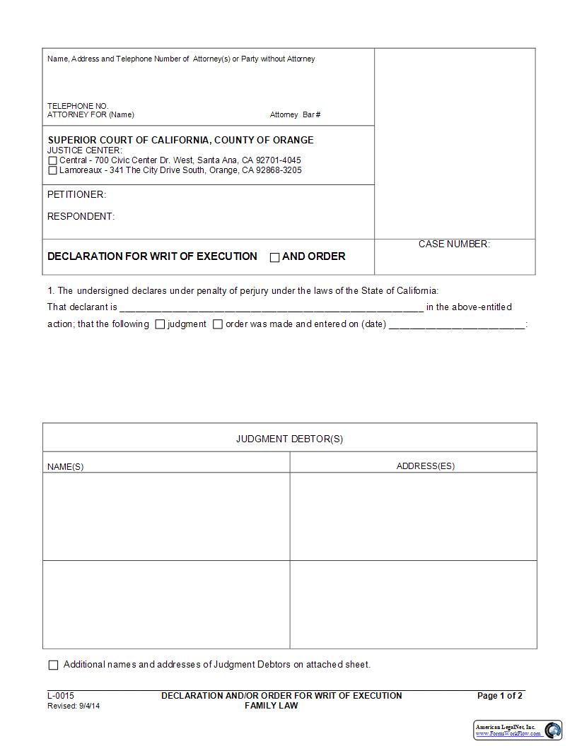 Declaration For Writ Of Execution {L-0015} | Pdf Fpdf Docx | California