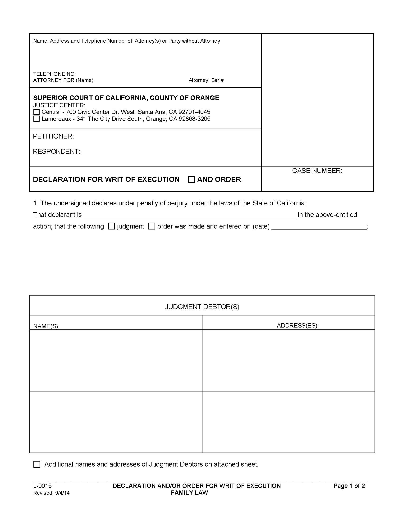 Declaration For Writ Of Execution {L-0015} | Pdf Fpdf Docx | California