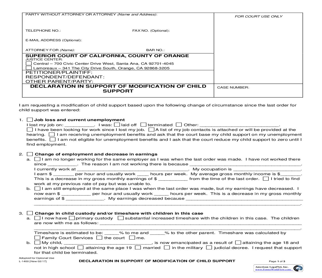 Declaration In Support Of Modification Of Child Support {L-1400} | Pdf Fpdf Doc Docx | California