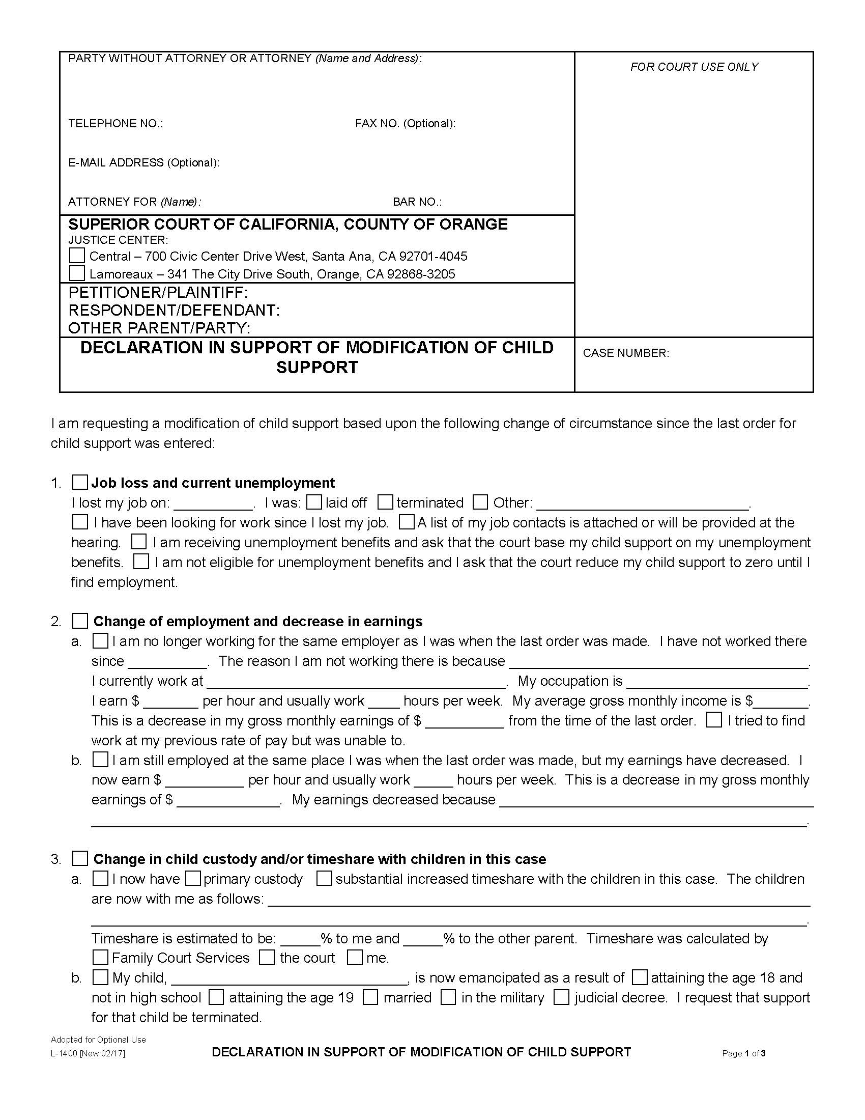 Declaration In Support Of Modification Of Child Support {L-1400} | Pdf Fpdf Doc Docx | California