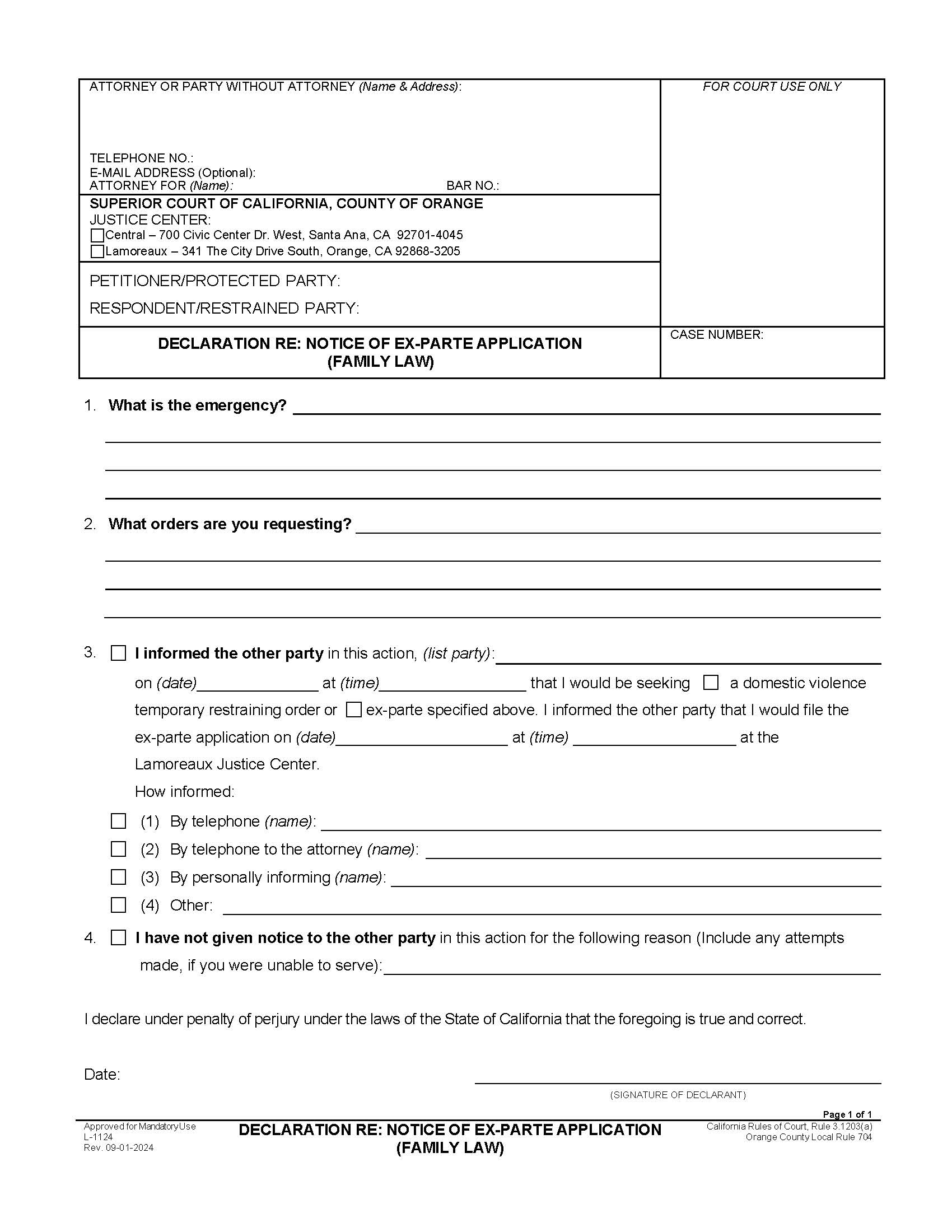 Declaration Re Notice Of Ex Parte Application {L-1124} | Pdf Fpdf Doc Docx | California