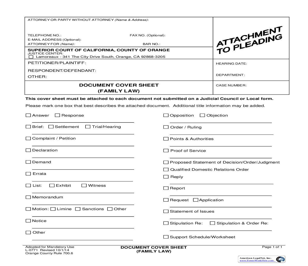 Document Cover Sheet (Family Law) {L-0771} | Pdf Fpdf Doc Docx | California