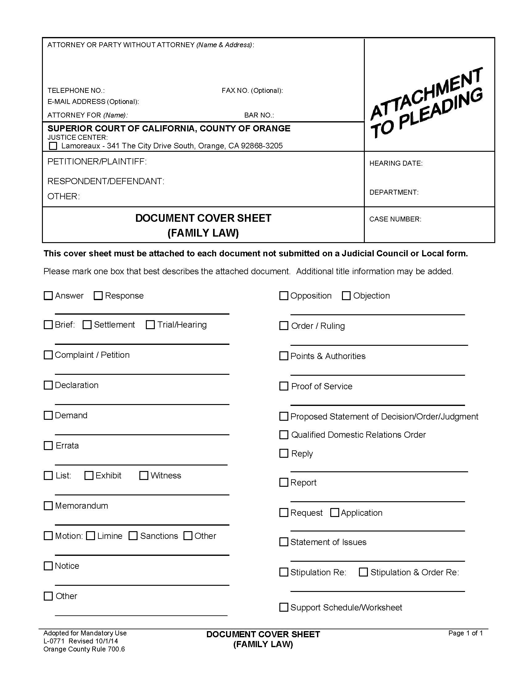 Document Cover Sheet (Family Law) {L-0771} | Pdf Fpdf Doc Docx | California