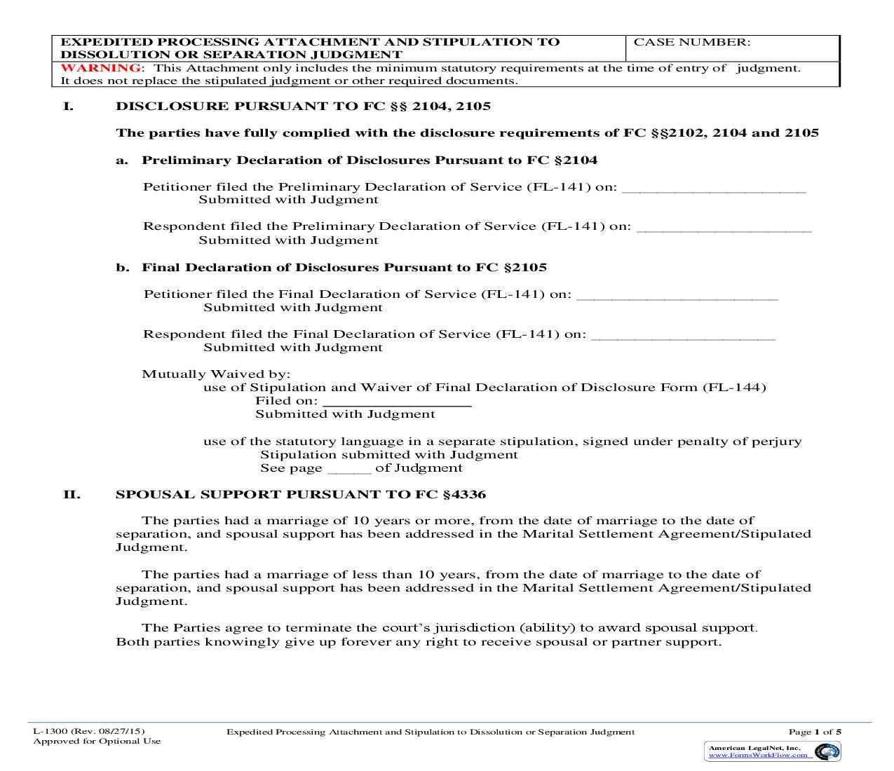 Expedited Processing Attachment To Dissolution Or Separation Judgment {L-1300} | Pdf Fpdf Doc Docx | California