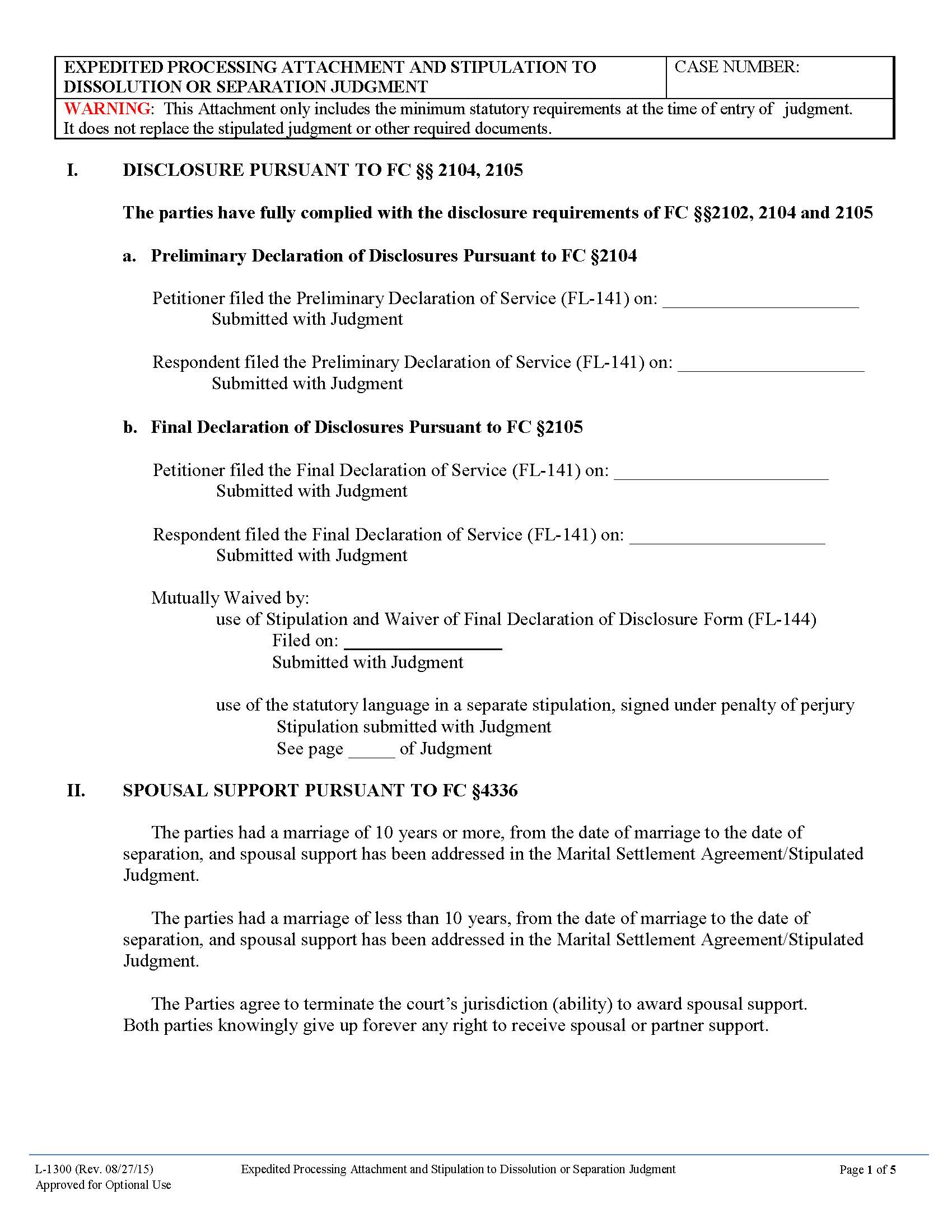 Expedited Processing Attachment To Dissolution Or Separation Judgment {L-1300} | Pdf Fpdf Doc Docx | California