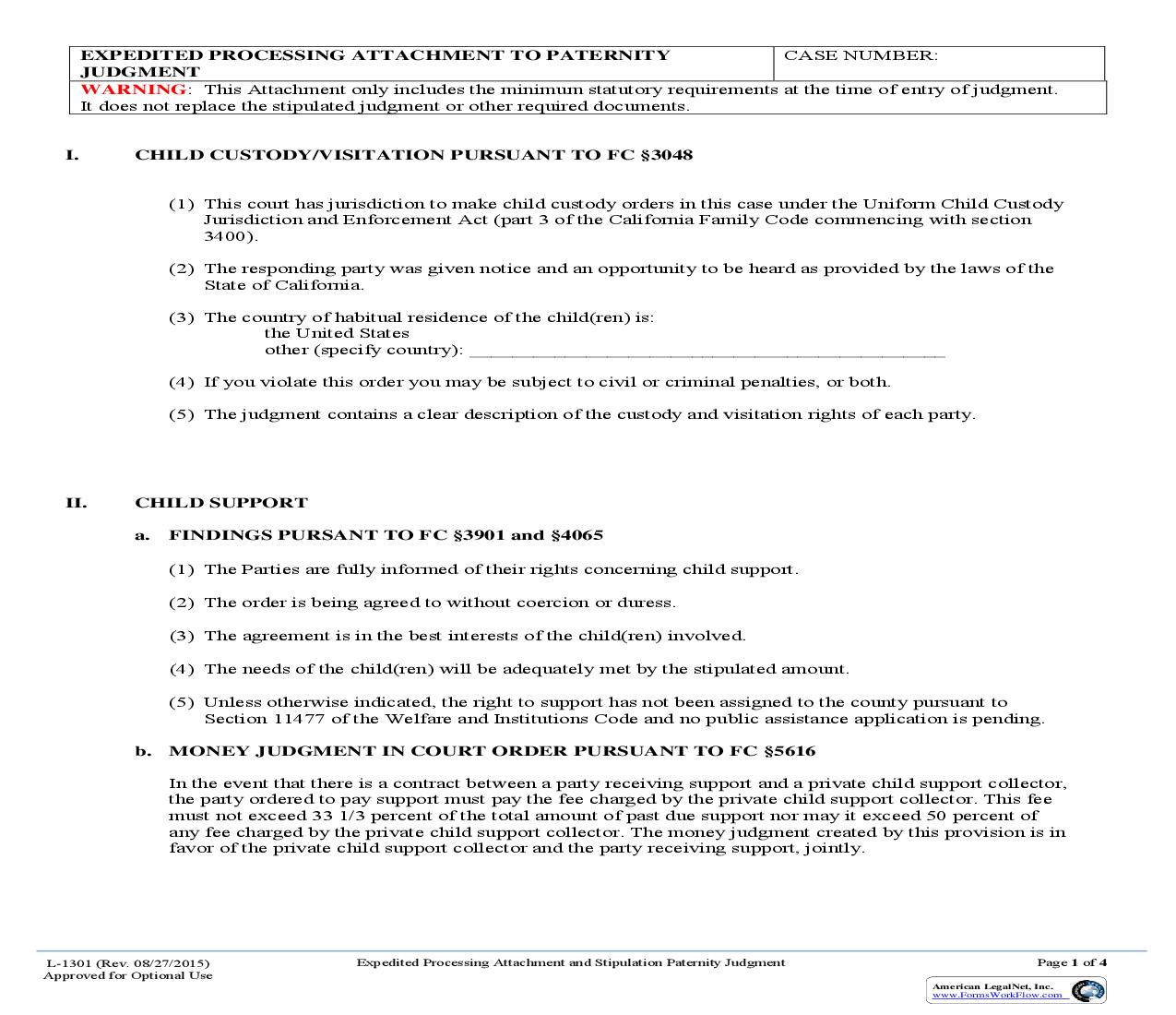 Expedited Processing Attachment To Paternity Judgment {L-1301} | Pdf Fpdf Doc Docx | California