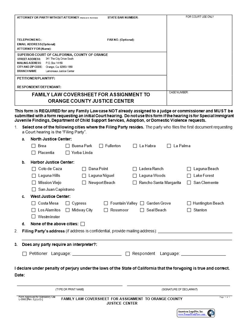 Family Law Coversheet For Assignment To Orange County Justice Center {L-0560} | Pdf Fpdf Docx | California