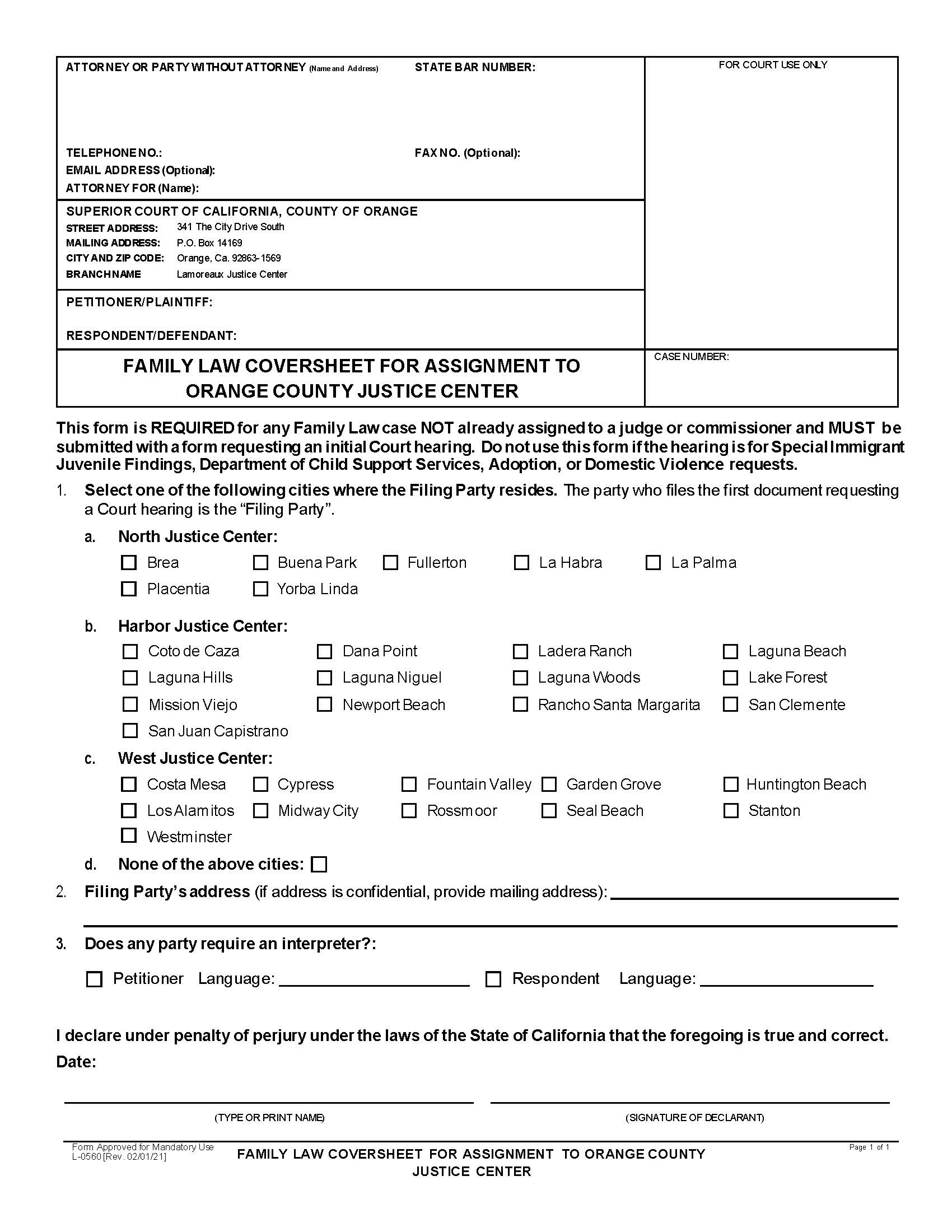 Family Law Coversheet For Assignment To Orange County Justice Center {L-0560} | Pdf Fpdf Docx | California