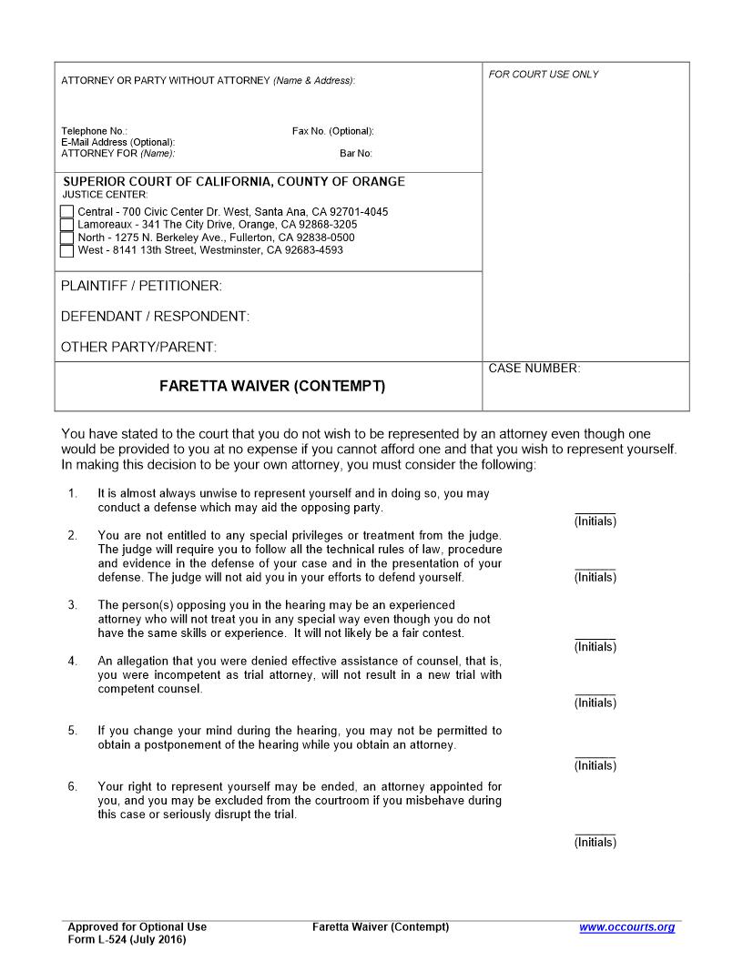 Faretta Waiver {L-524} | Pdf Fpdf Docx | California