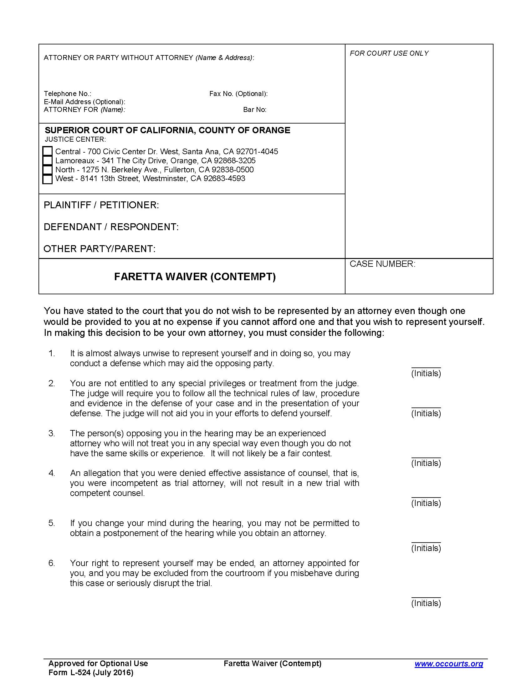 Faretta Waiver {L-524} | Pdf Fpdf Docx | California