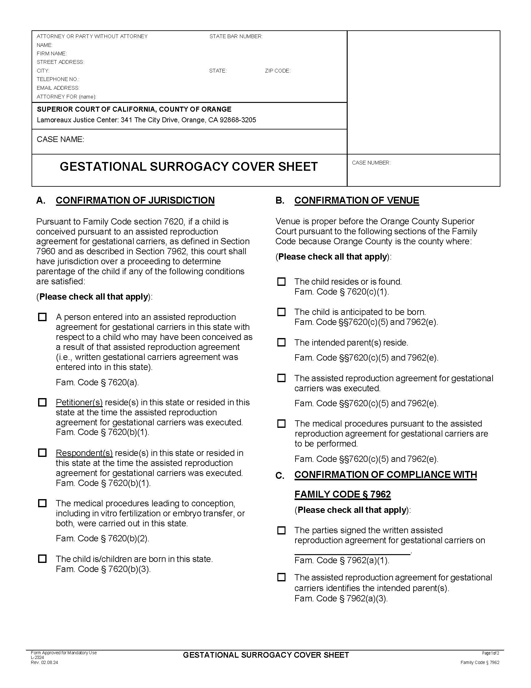 Gestational Surrogacy Cover Sheet {L-2324} | Pdf Fpdf Docx | California