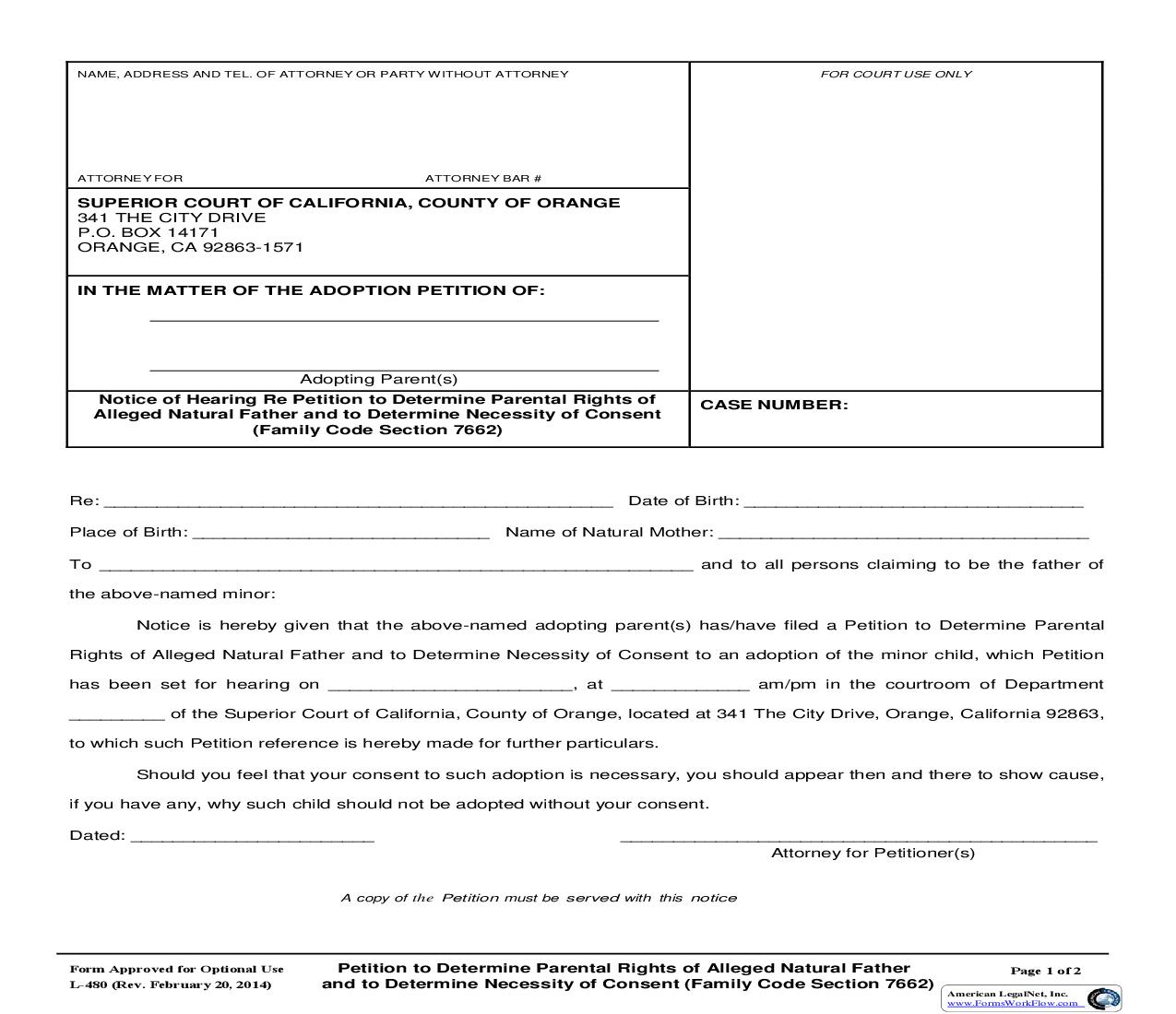 Notice Of Hearing Re Petition To Determine Parental Rights {L-0480} | Pdf Fpdf Doc Docx | California