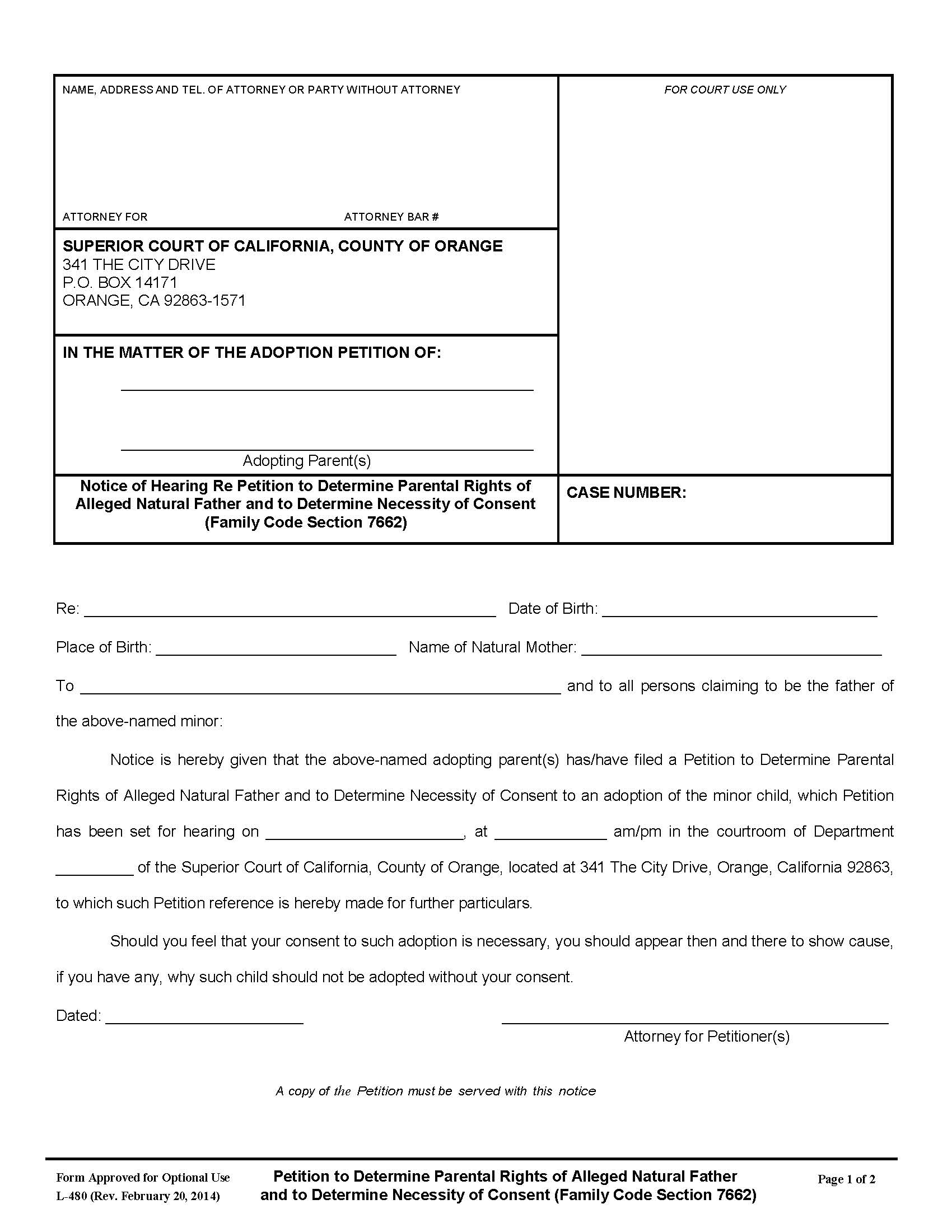 Notice Of Hearing Re Petition To Determine Parental Rights {L-0480} | Pdf Fpdf Doc Docx | California