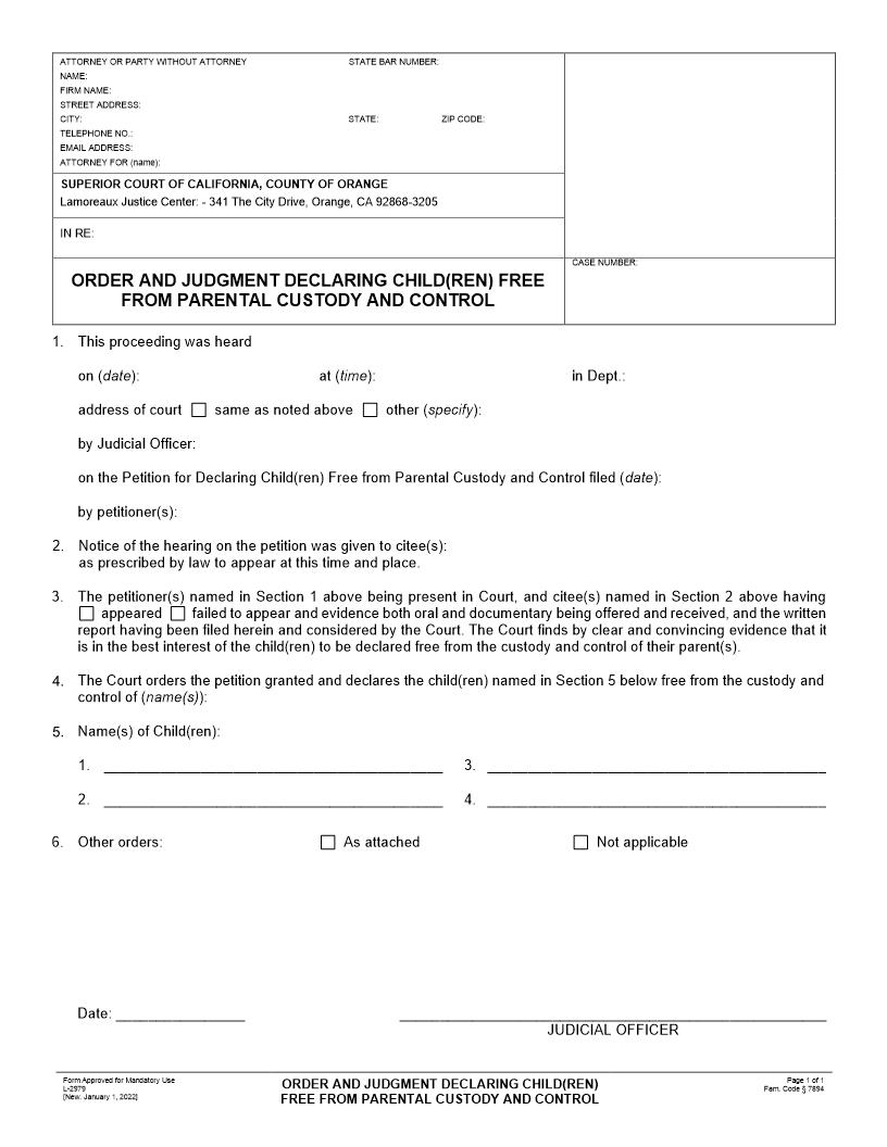 Order And Judgment Declaring Child(ren) Free From Parental Custody And Control {L-2979} | Pdf Fpdf Docx | California