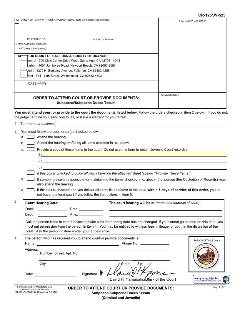 Order To Attend Court Or Provide Documents (Pre-Issued) {L-1014} | Pdf Fpdf Docx | California