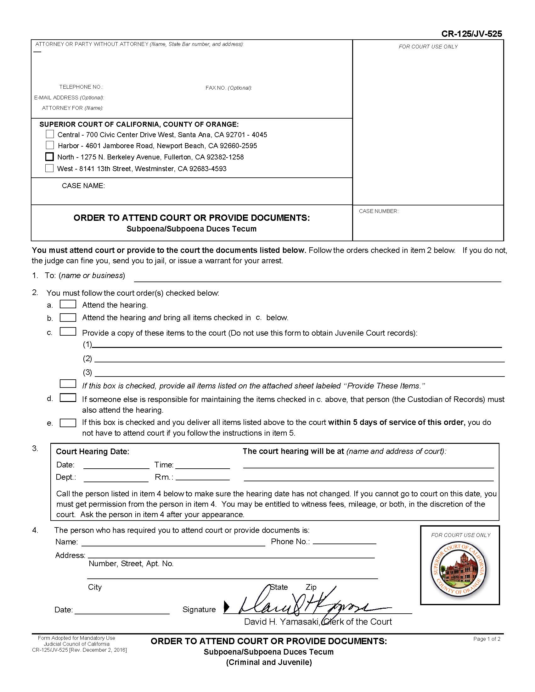 Order To Attend Court Or Provide Documents (Pre-Issued) {L-1014} | Pdf Fpdf Docx | California
