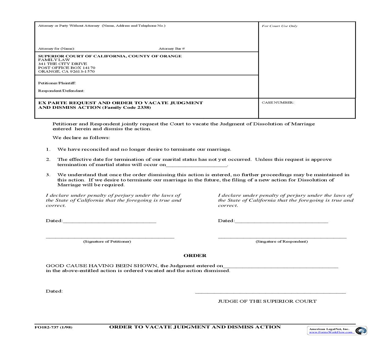 Order To Vacate Judgment And Dismiss Action {L-0737} | Pdf Fpdf Doc Docx | California