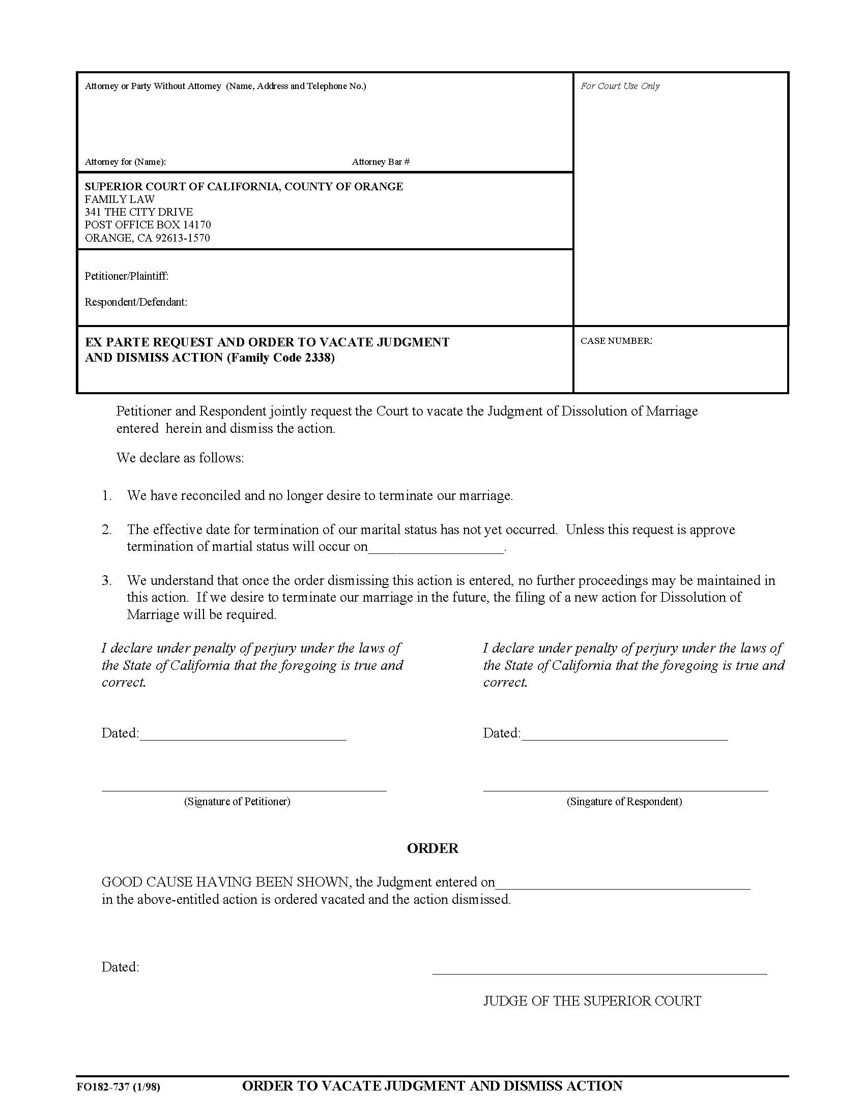 Order To Vacate Judgment And Dismiss Action {L-0737} | Pdf Fpdf Doc Docx | California