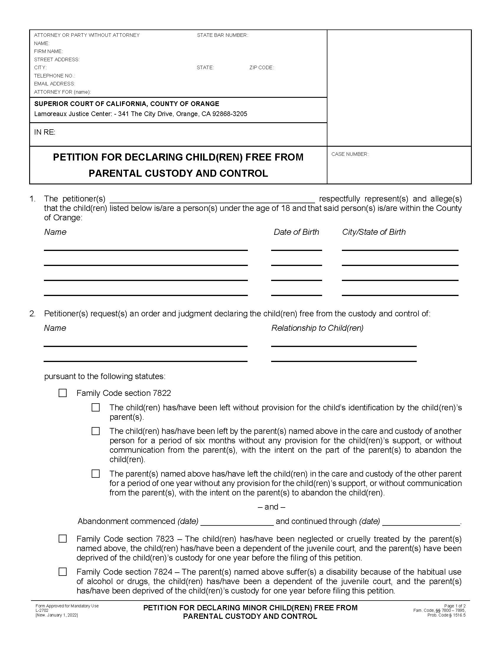 Petition For Declaring Child(ren) Free from Parental Custody And Control {L-2702} | Pdf Fpdf Docx | California