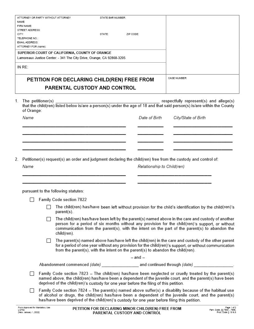 Petition For Declaring Child(ren) Free from Parental Custody And Control {L-2706} | Pdf Fpdf Docx | California