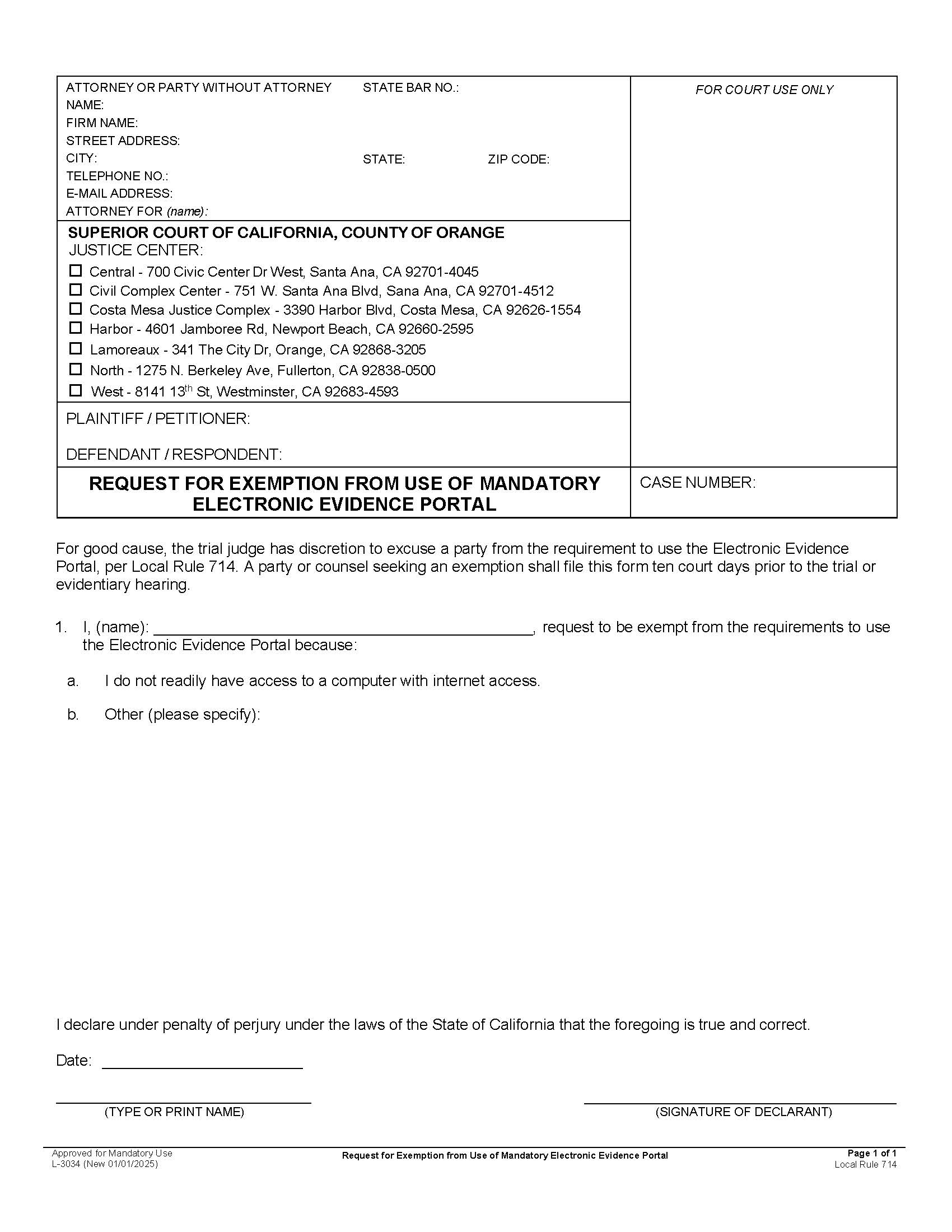 Request For Exemption From Use Of Mandatory Electronic Evidence Portal {L-3034} | Pdf Fpdf Docx | California