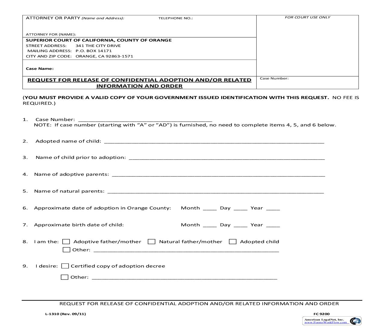 Request For Release Of Confidential Adoption Information And Order {L-1310} | Pdf Fpdf Doc Docx | California