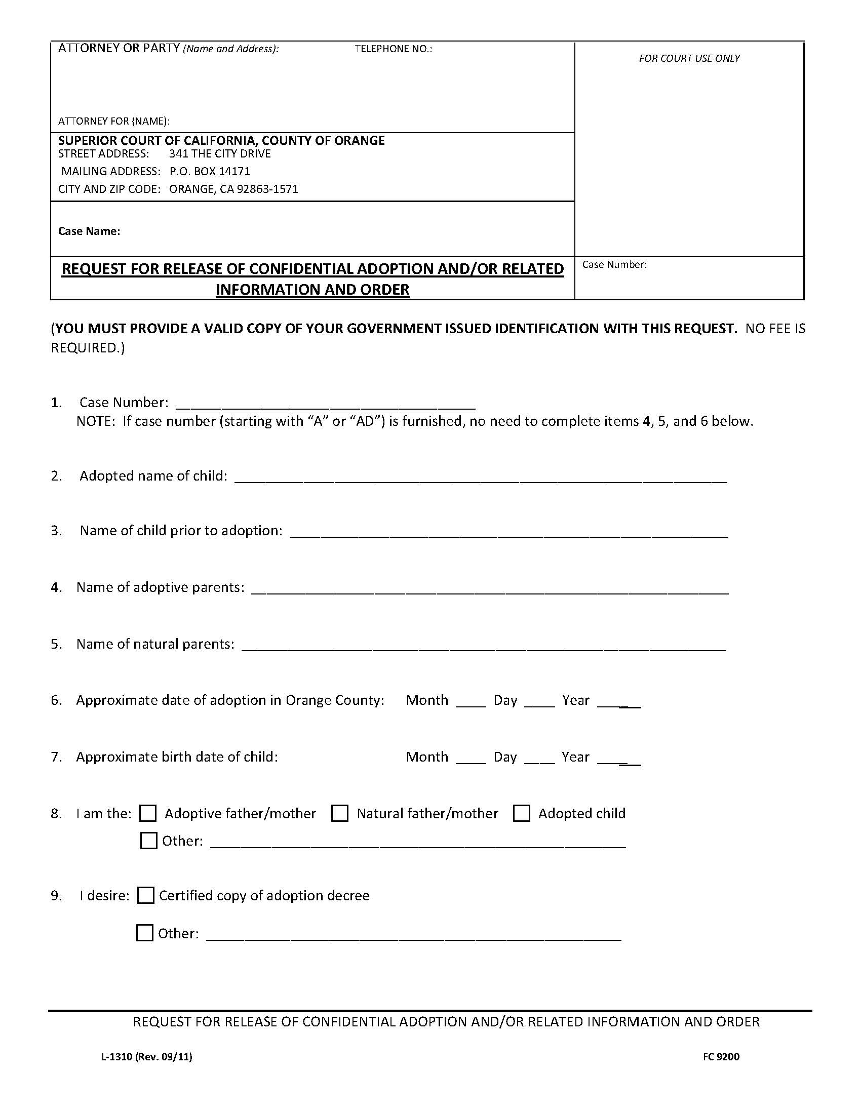 Request For Release Of Confidential Adoption Information And Order {L-1310} | Pdf Fpdf Doc Docx | California