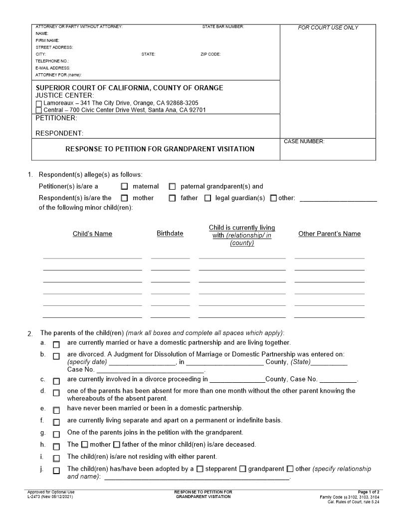 Response To Petition For Grandparent Visitation {L-2473} | Pdf Fpdf Docx | California