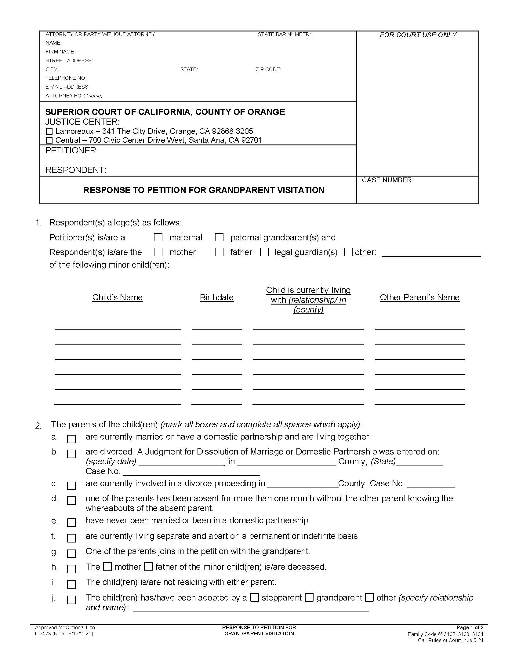 Response To Petition For Grandparent Visitation {L-2473} | Pdf Fpdf Docx | California