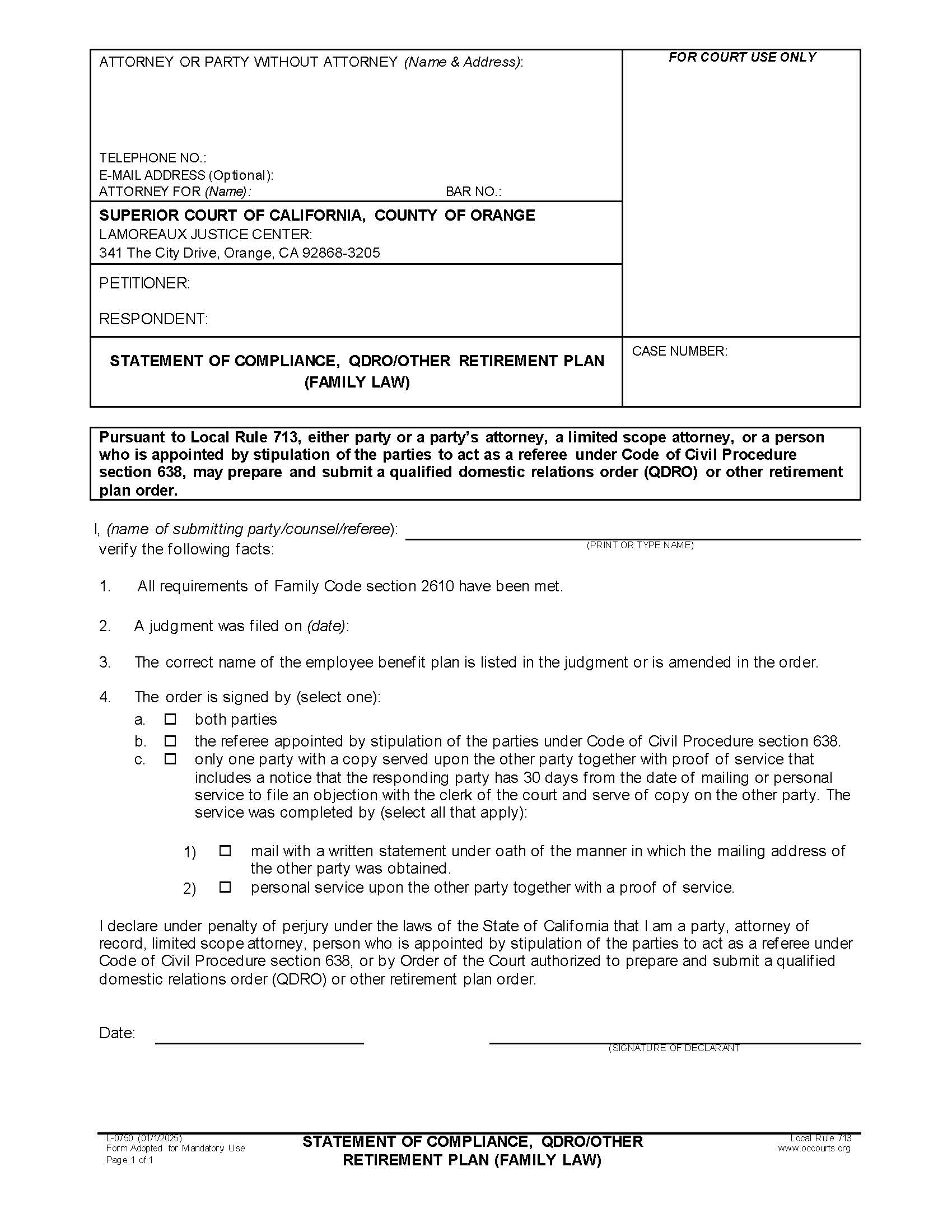 Statement Of Compliance QDRO-Other Retirement Plan {L-0750} | Pdf Fpdf Docx | California