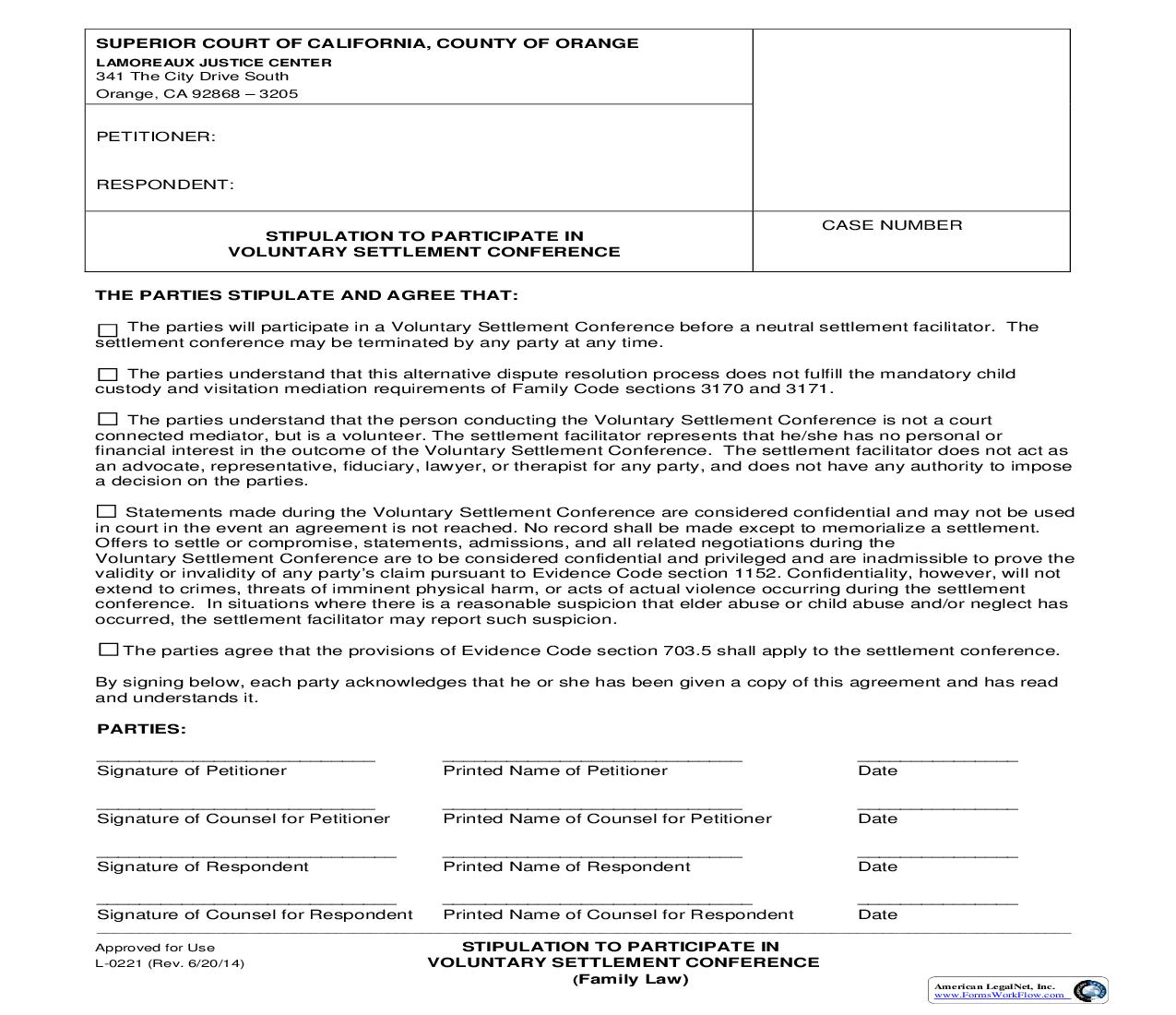 Stipulation To Participate In Voluntary Settlement Conference {L-0221} | Pdf Fpdf Doc Docx | California
