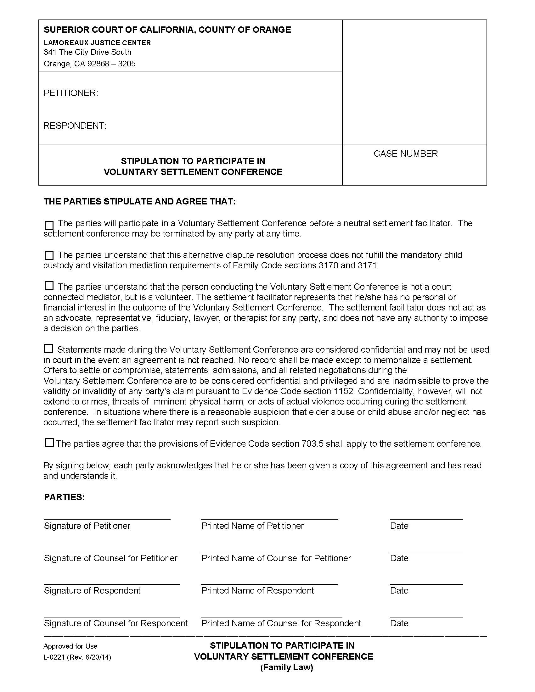 Stipulation To Participate In Voluntary Settlement Conference {L-0221} | Pdf Fpdf Doc Docx | California