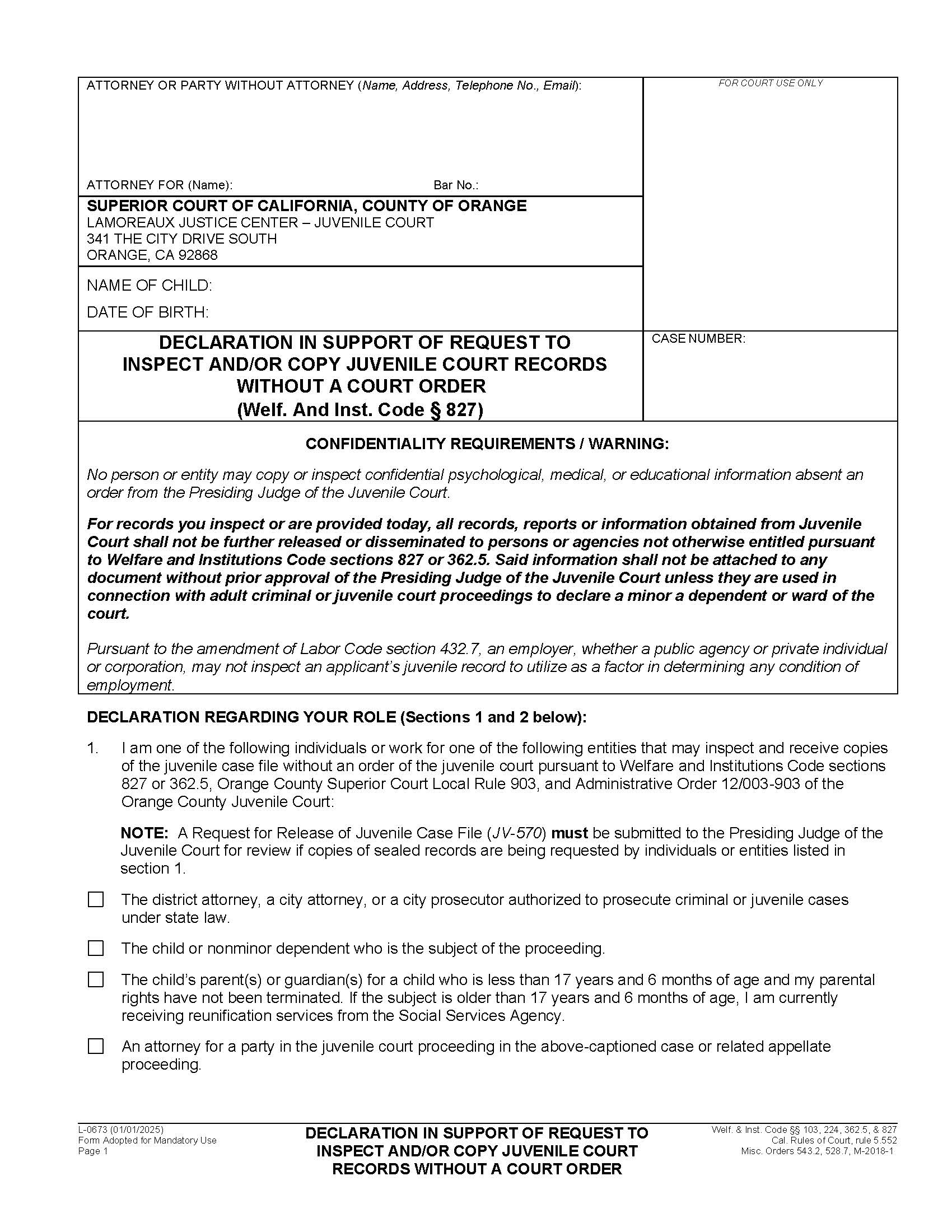 Declaration In Support Of Request To Inspect And-Or Copy Juvenile Court Records {L-673} | Pdf Fpdf Docx | California