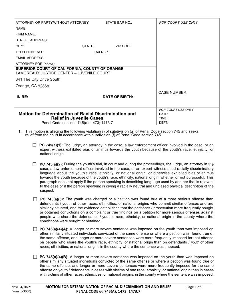 Motion For Determination Of Racial Discrimination And Relief In Juvenile Cases {L-3000} | Pdf Fpdf Docx | California
