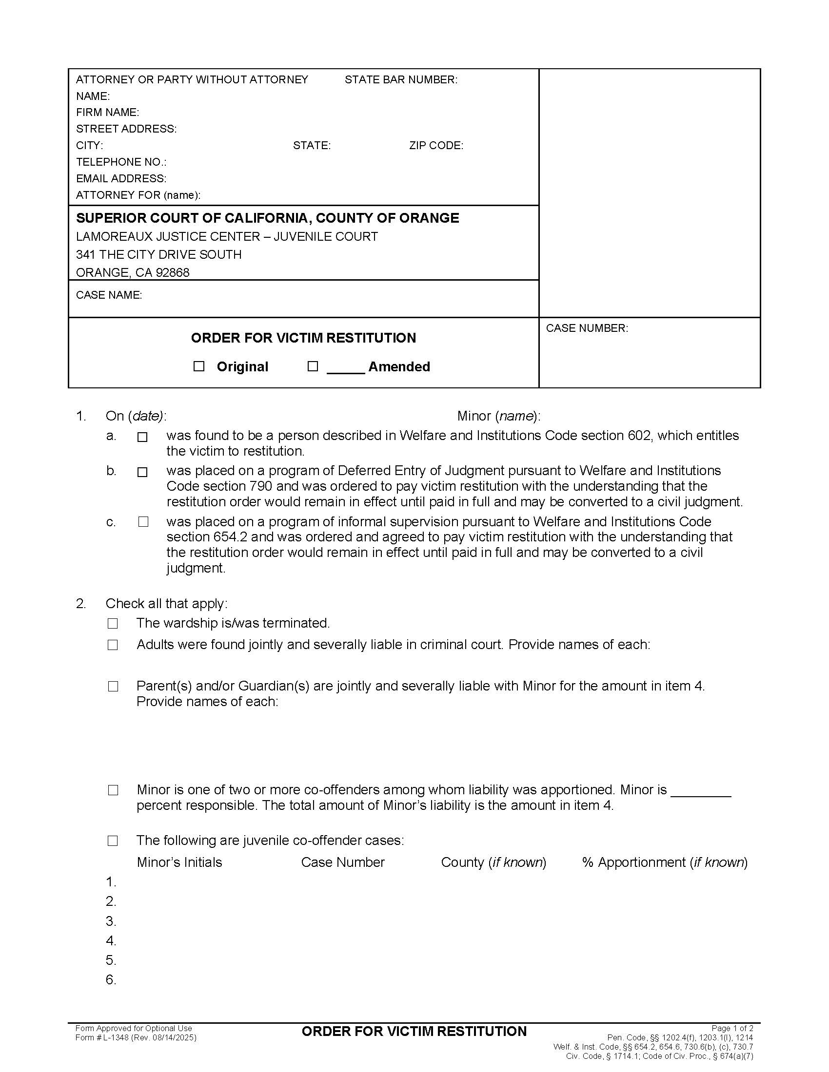 Order For Victim Restitution {L-1348} | Pdf Fpdf Docx | California