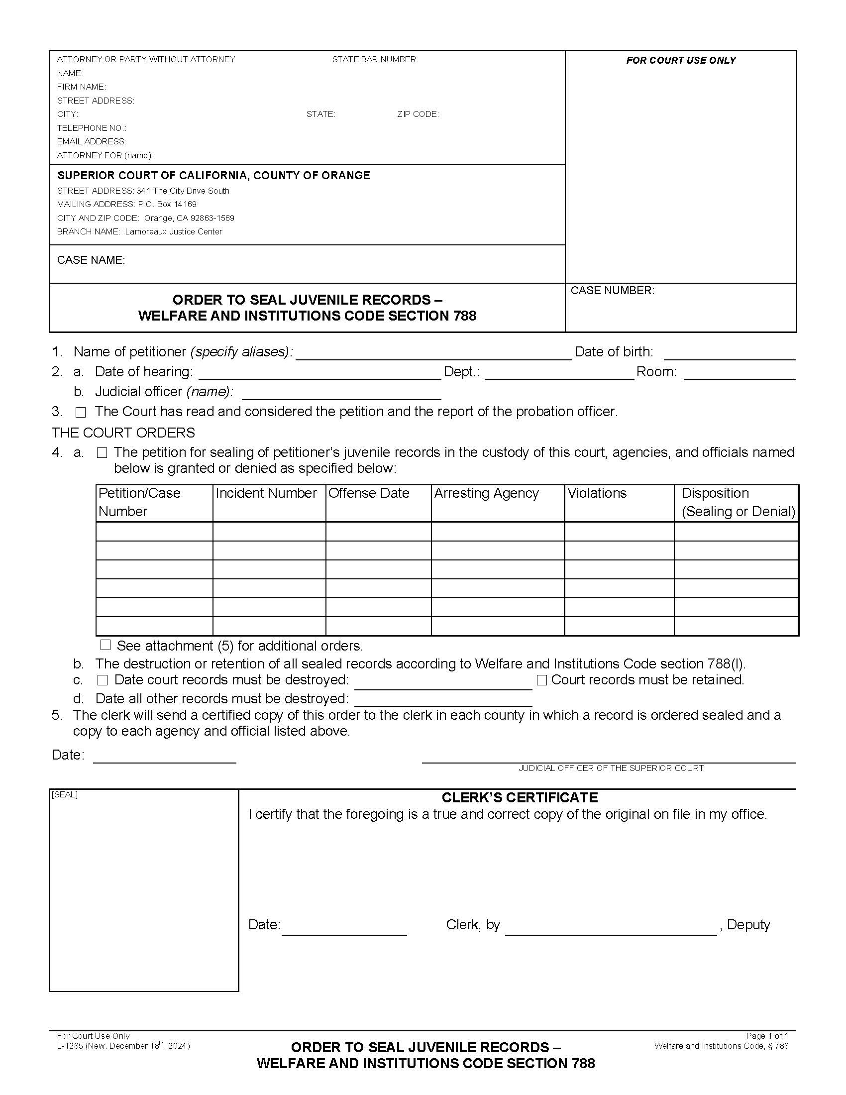 Order To Seal Juvenile Records-WIC 788 {L-1285} | Pdf Fpdf Docx | California
