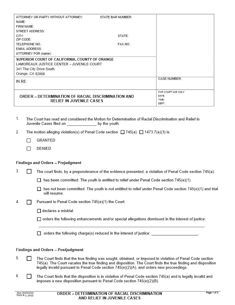 Order-Determination Of Racial Discrimination And Relief In Juvenile Cases {L-2542} | Pdf Fpdf Docx | California