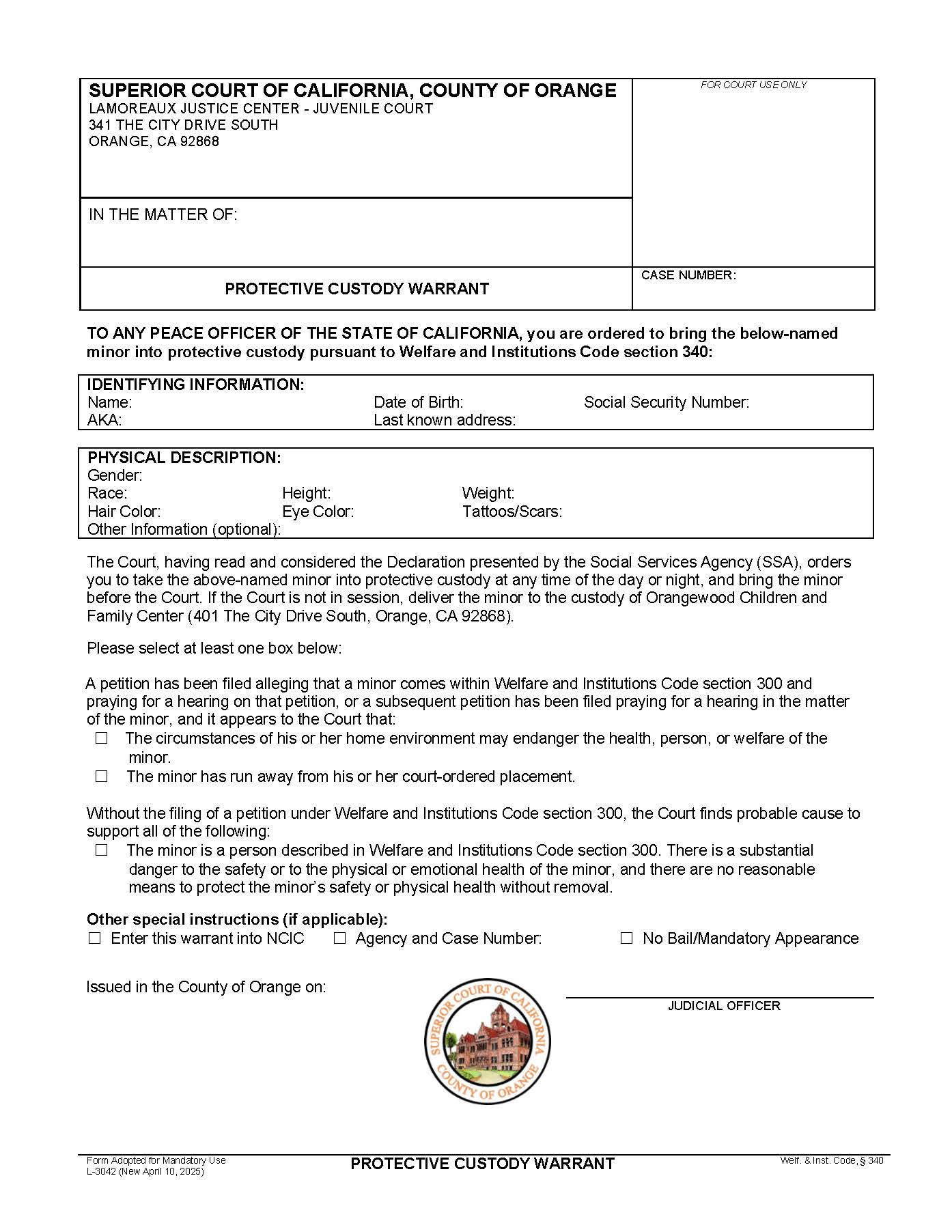 Protective Custody Warrant {L-3042} | Pdf Fpdf Docx | California