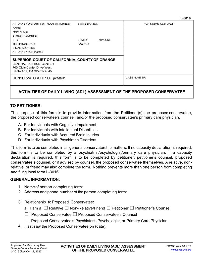 Activities Of Daily Living Assessment {L-3016} | Pdf Fpdf Docx | California