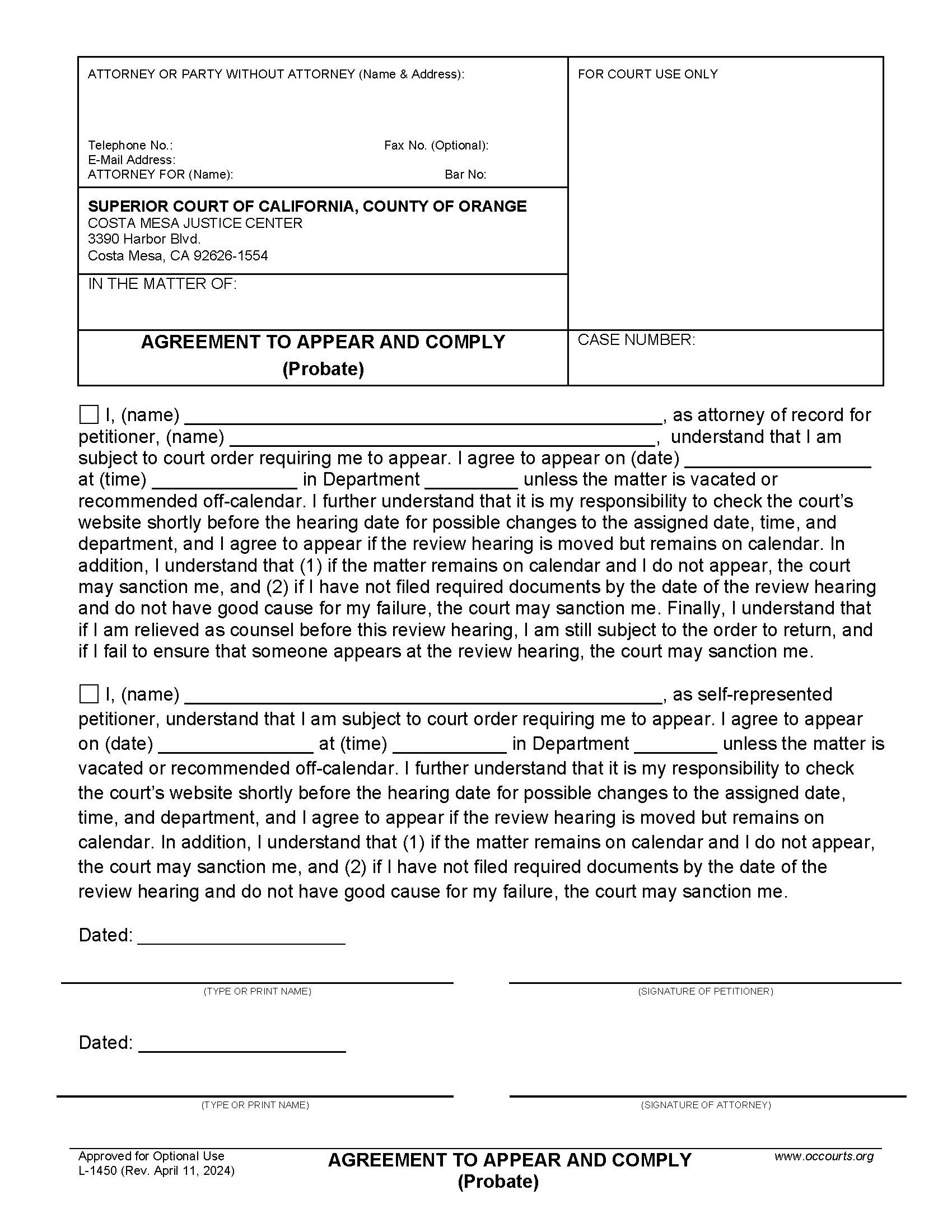 Agreement To Appear (Probate) {L-1450} | Pdf Fpdf Docx | California