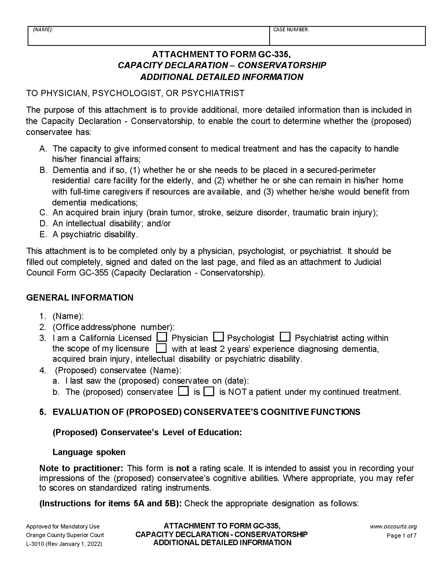 Attachment To Form GC-335 Capacity Declaration–Conservatorship Additional Detailed Information {L-3010} | Pdf Fpdf Docx | California