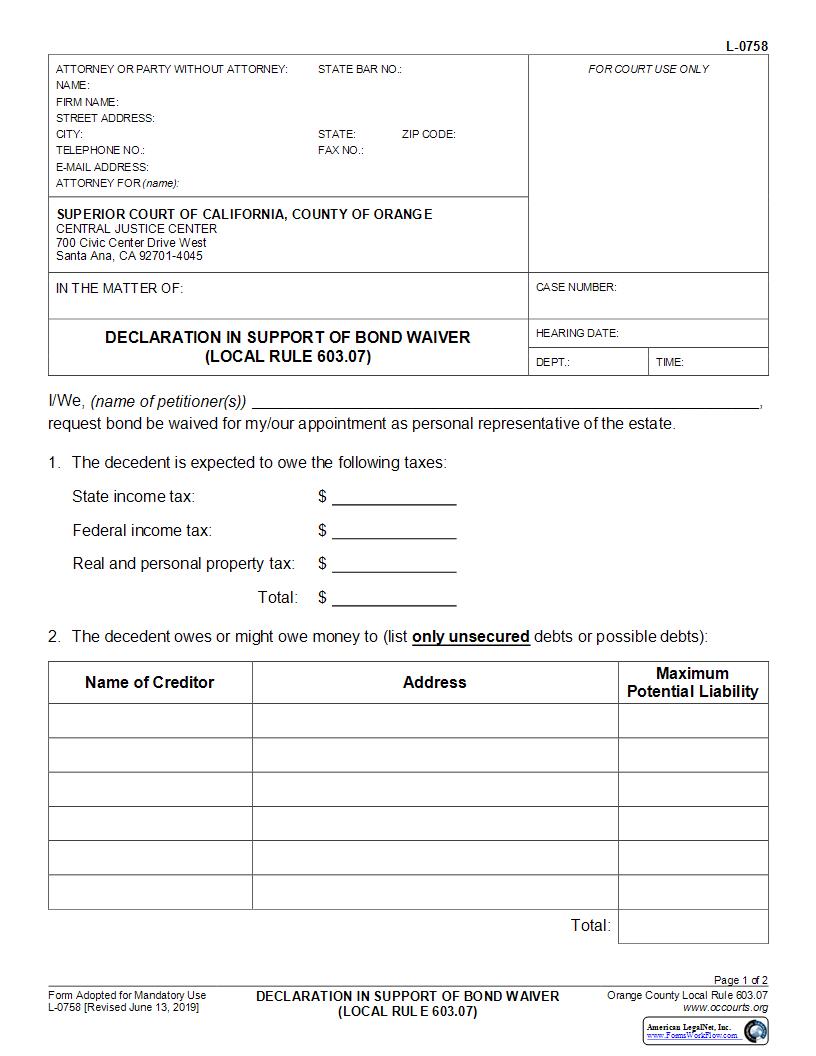 Declaration In Support Of Bond Waiver {L-0758} | Pdf Fpdf Docx | California