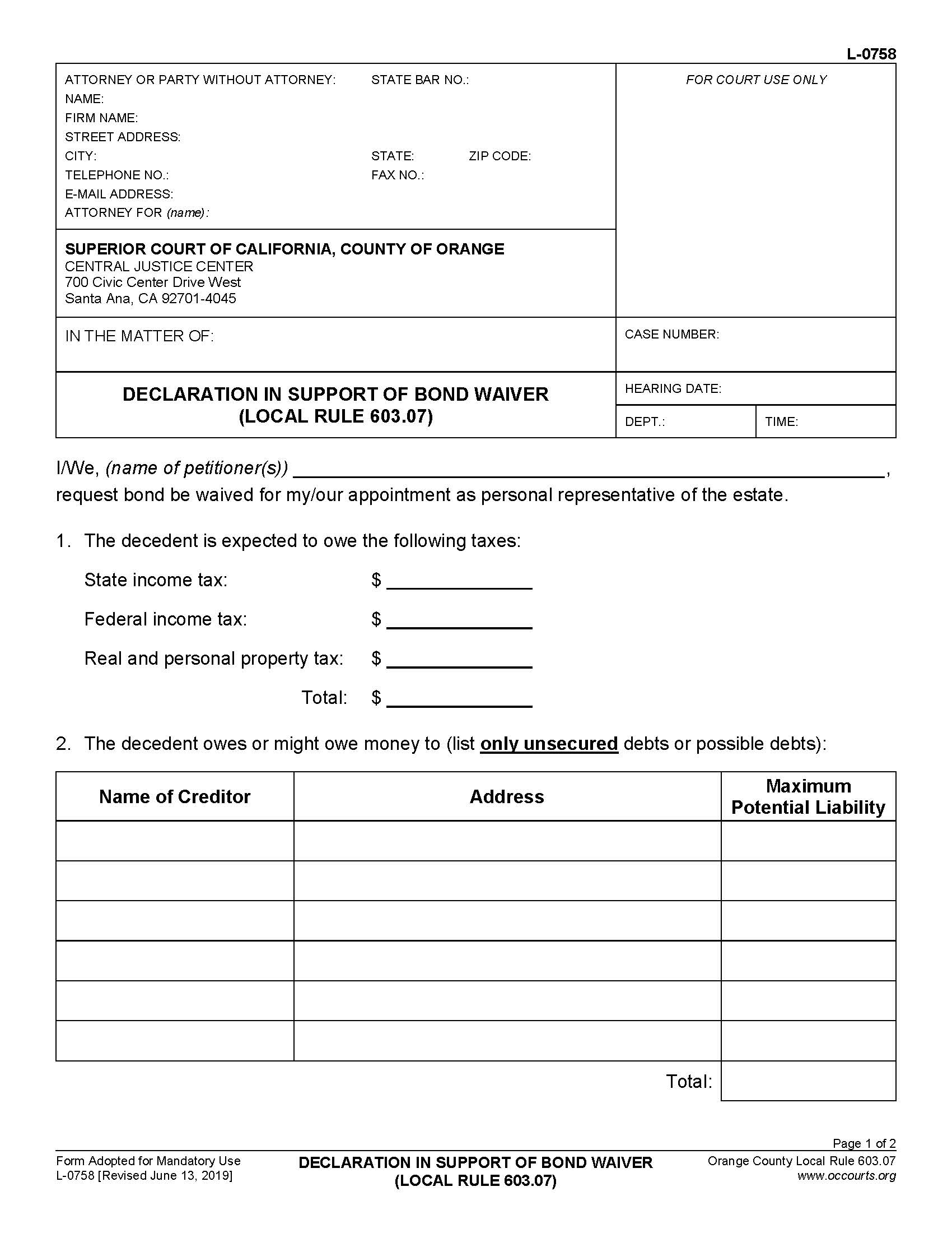 Declaration In Support Of Bond Waiver {L-0758} | Pdf Fpdf Docx | California