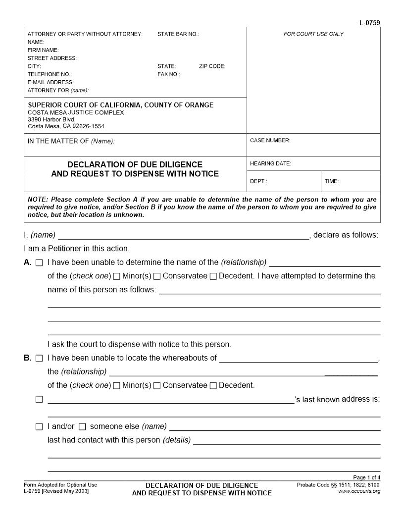 Declaration Of Due Diligence (Guardianship) {L-0759} | Pdf Fpdf Docx | California