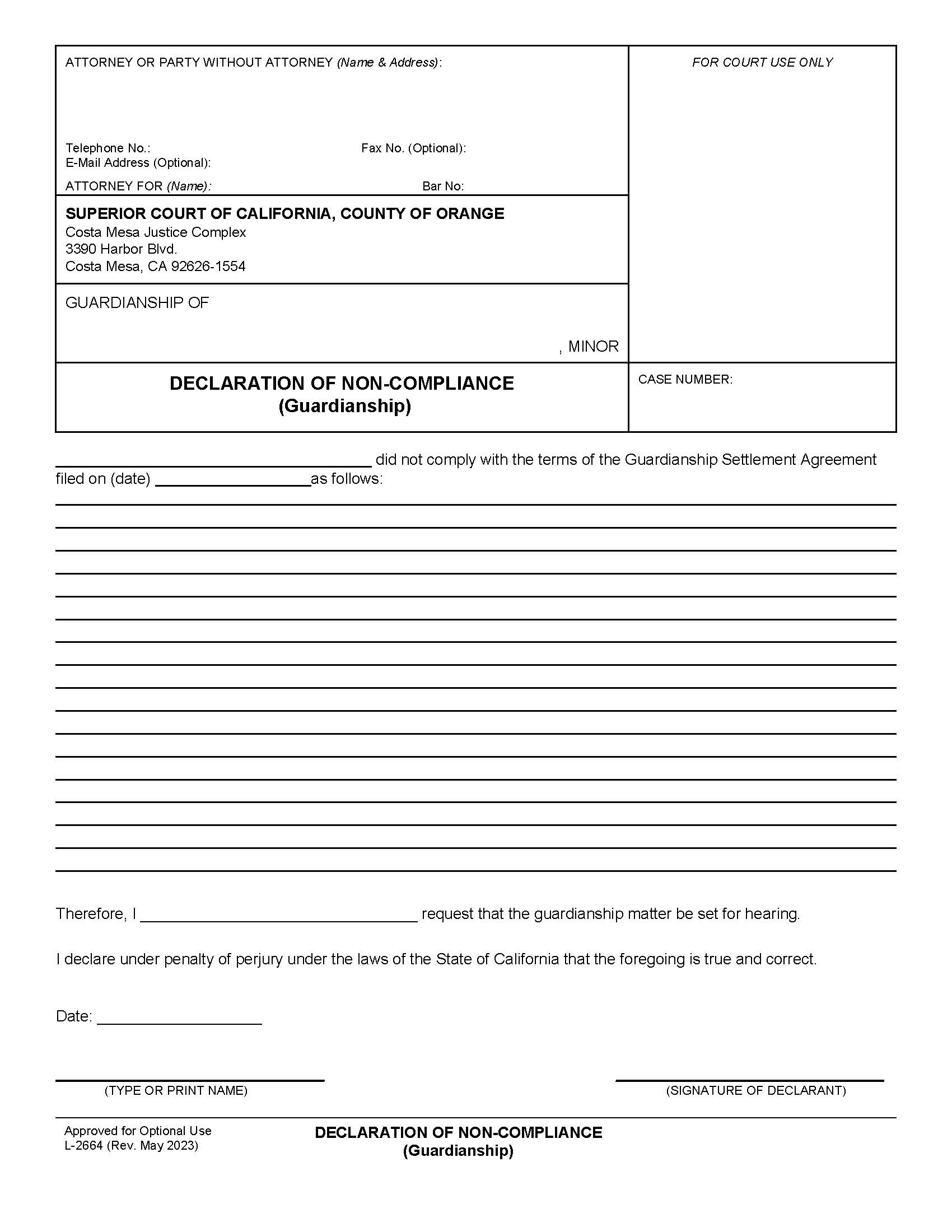 Declaration Of Non-Compliance (Guardianship) {L-2664} | Pdf Fpdf Doc Docx | California