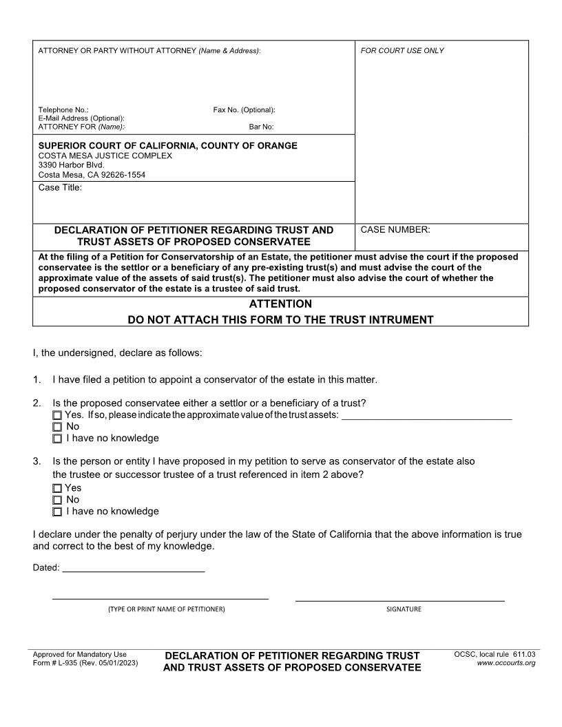 Declaration Of Petitioner Regarding Trust And Trust Assets Of Proposed Conservatee {L-935} | Pdf Fpdf Docx | California