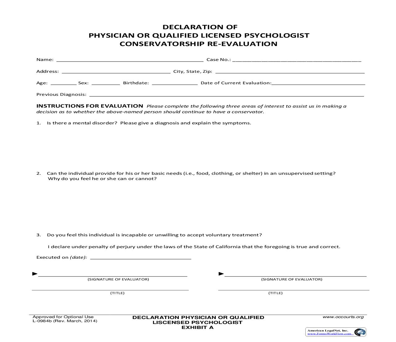 Declaration Of Physician Or Qualified Licensed Psychologist Conservatorship Re-Evaluation {L-0984b} | Pdf Fpdf Doc Docx | California