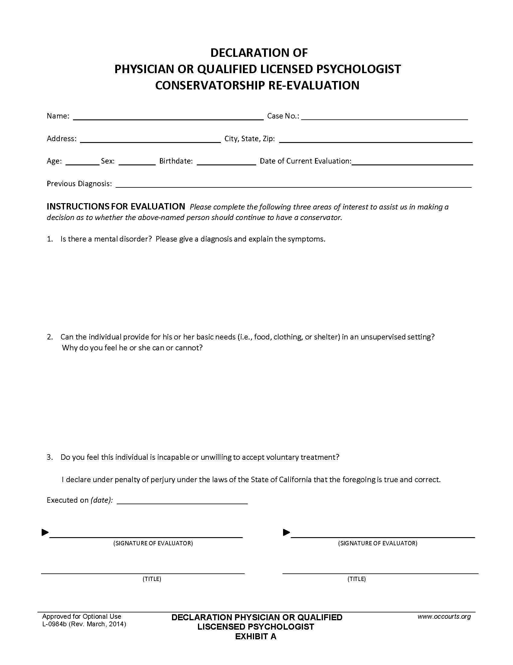 Declaration Of Physician Or Qualified Licensed Psychologist Conservatorship Re-Evaluation {L-0984b} | Pdf Fpdf Doc Docx | California