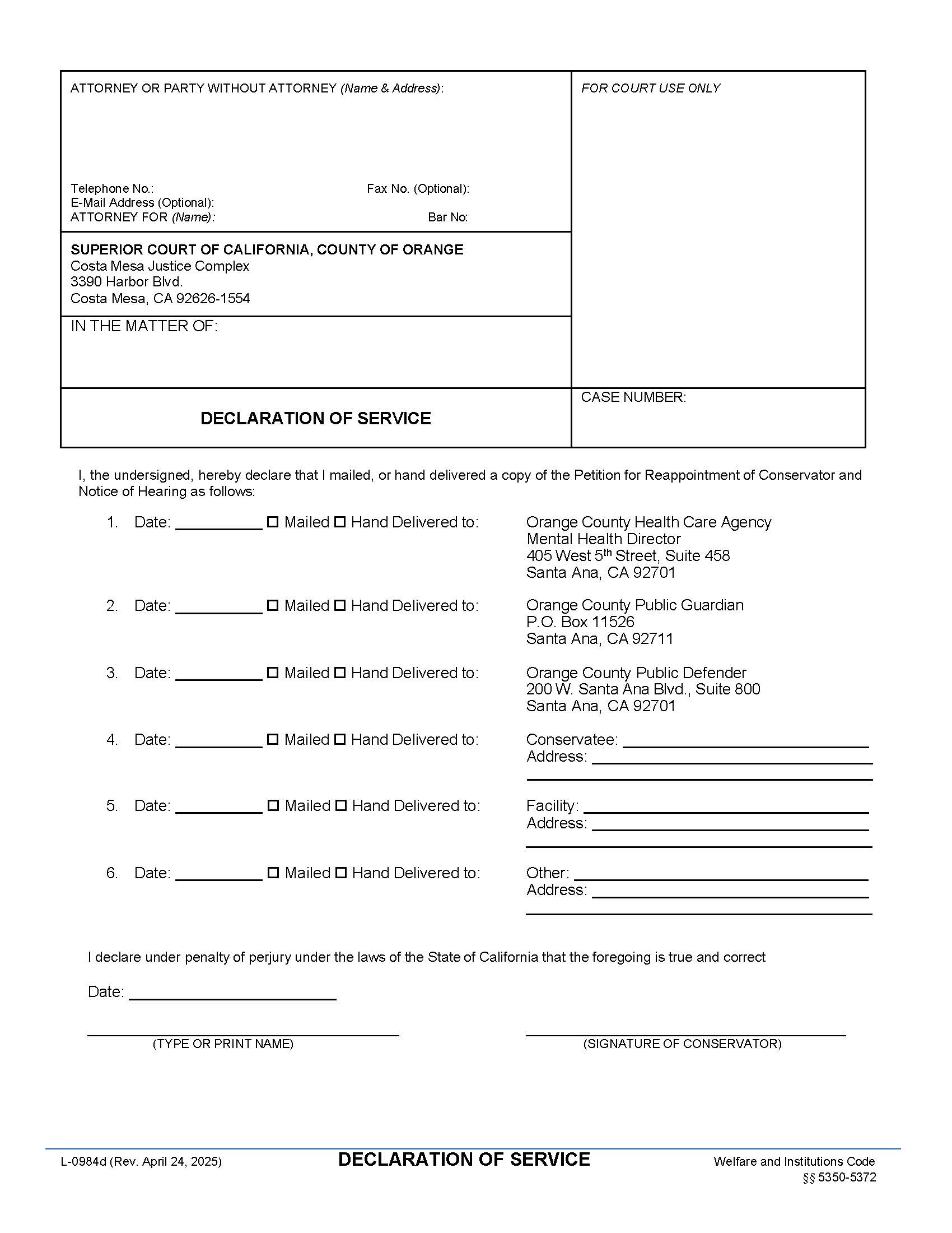 Declaration Of Service {L-0984d} | Pdf Fpdf Docx | California